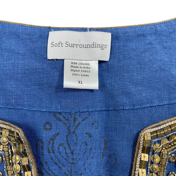 Soft Surroundings XL‎ 100% Linen Blue Gold Sequined Dress Side Zipper Sleeveless - Picture 3 of 4